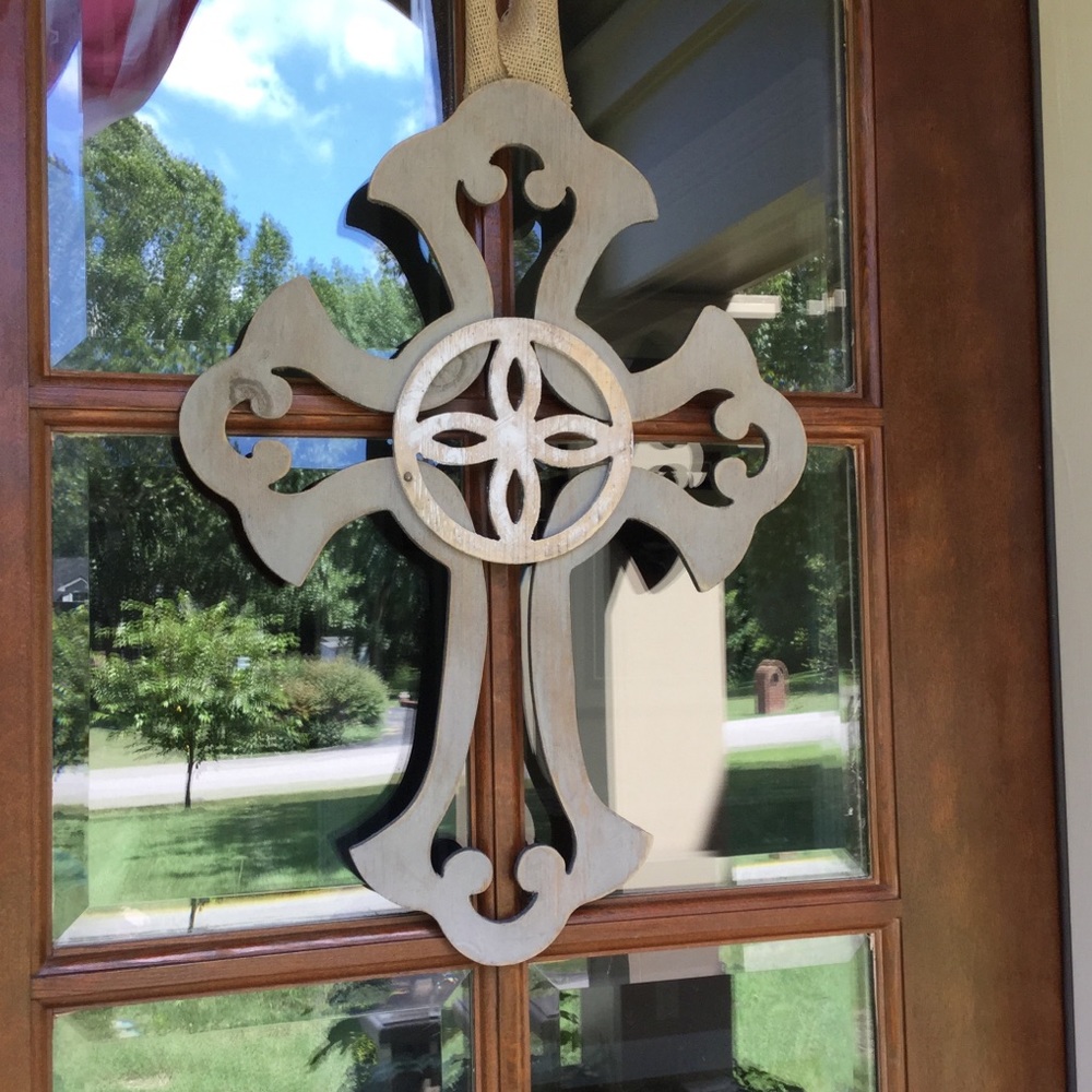 Wooden gray distressed cross door hanger